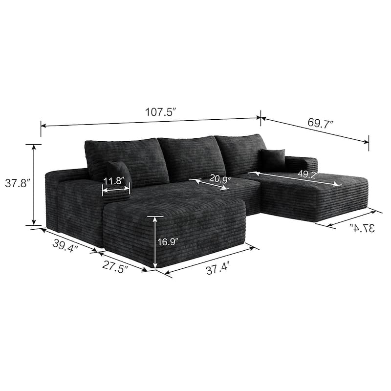 Sofa 107-in Casual Black 3 -seater Right Reclining Sectional with 1 Ottoman - 8' x 10'