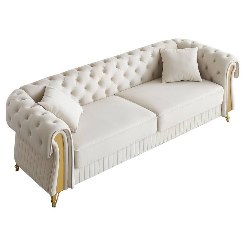 Oversized Chesterfield Tufted Sofa, Velvet Upholstered 3 Seater Sofa, Deep Seat Sofa with 2 Toss Pillows for Living Room