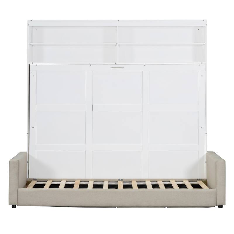 Queen Size Wall Bed with Sofa, Space-Saving Murphy Bed, White