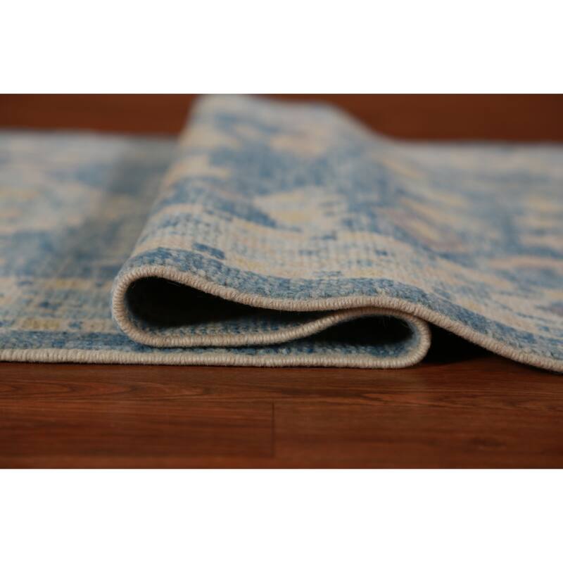 Hand Knotted Oriental 100% Wool Carpet Transitional Geometric Navy Blue & Blues Oushak Runner Rug - 14' 4'' X 2' 10''