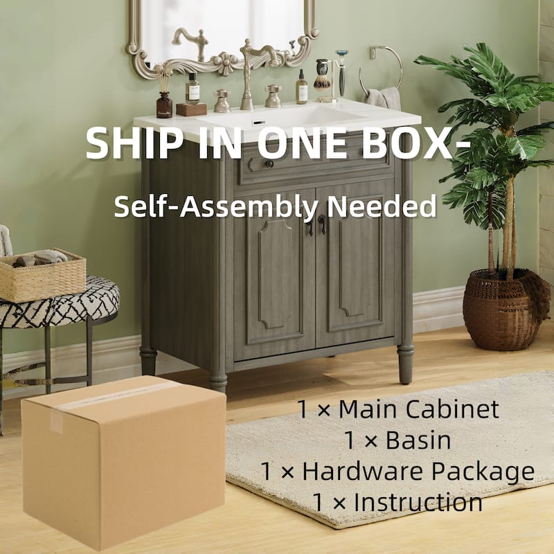 31 Inch Vintage Bathroom Vanity with Sink Soft Close Doors Adjustable Shelf Rubber Wood Legs, Curved Profile Design