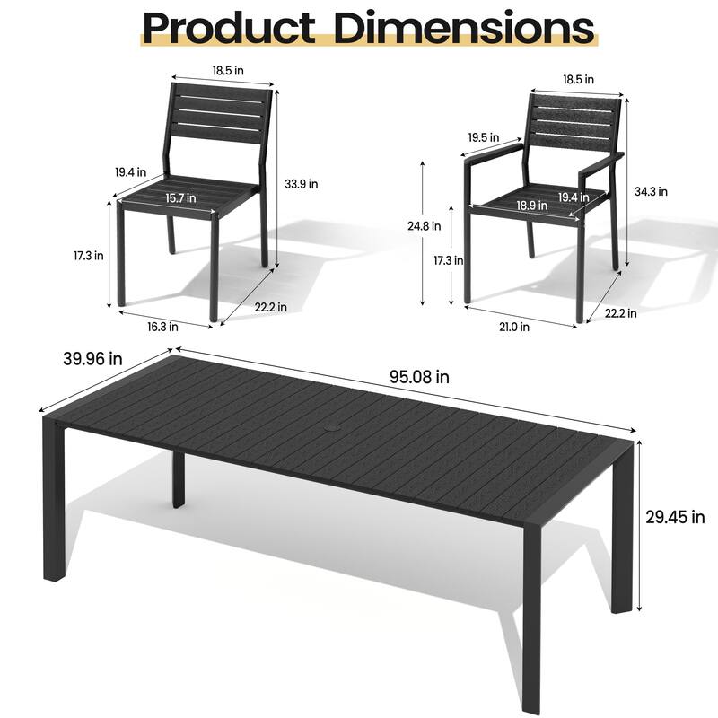Set of 11 Outdoor Patio Dining Set WoodLike Table Top Aluminum Rectangular Umbrella Hole Table with Stackable Chairs Set