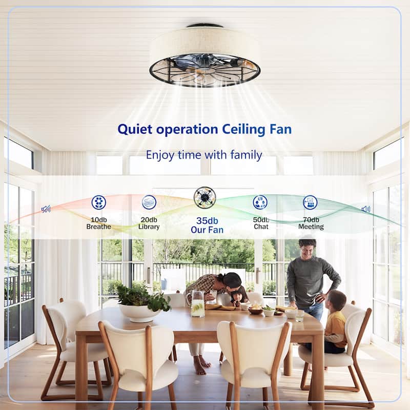 20" Lotus Design Fabric Farmhouse Bladeless Ceiling fan With Remote Control For Living room, Bedroom,Kitchen