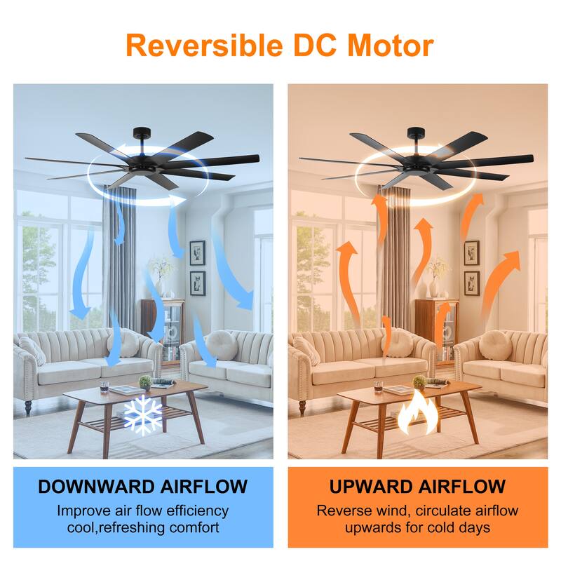 Modern Ceiling Fans without Lights, 72 Inch Ceiling Fan with Remote Control and 8 Reversible Blade, Quiet DC Motor