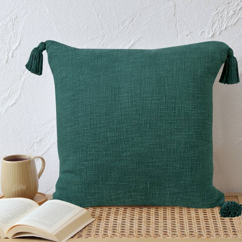Handwoven Solid Square Cotton Throw Pillow Cover with Tassels - 20" - Green