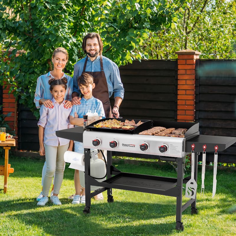 Royal Gourmet 4-Burner Portable Flat Top Gas Grill and Griddle Combo Grill with Folding Legs, Black & Silver