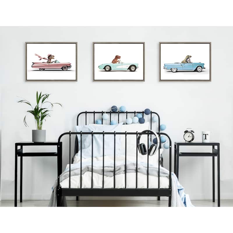 Kate and Laurel Sylvie Cowgirl Dino Driving 1950s Pink Cadillac Framed Canvas by Saint and Sailor Studios