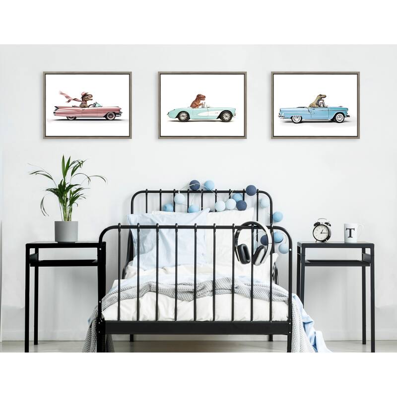 Kate and Laurel Sylvie T Rex Driving 1957 Aqua Chevy Framed Canvas by Saint and Sailor Studios