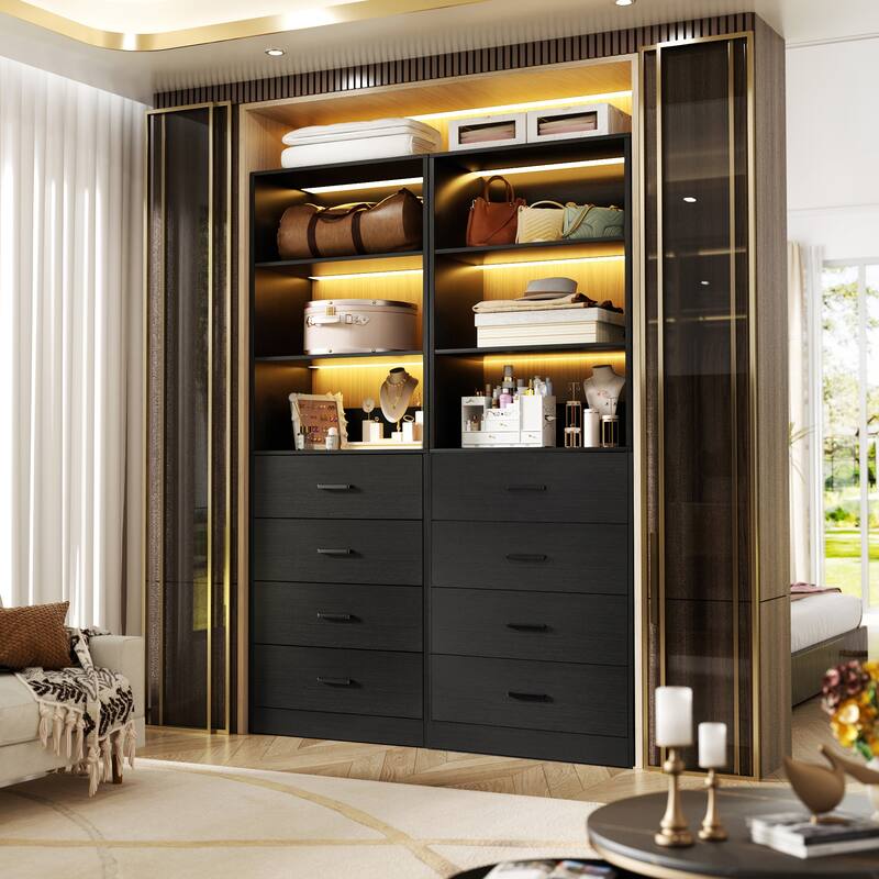 Freestanding Closet Organizer with 4 Drawers and 4 Shelves, Wooden Closet System for Walk-in Closet - Black - 2pcs