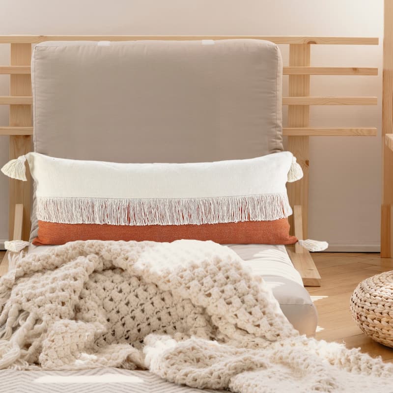 20" Orange and White Fringe Color Block Square Throw Pillow