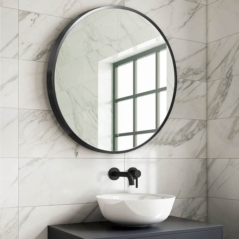 HomeRoots 32" Black Round Metal Framed Accent Mirror