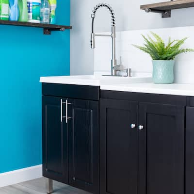 TEHILA Black Utility Sink Cabinet, Coil Faucet, Soap Dispenser
