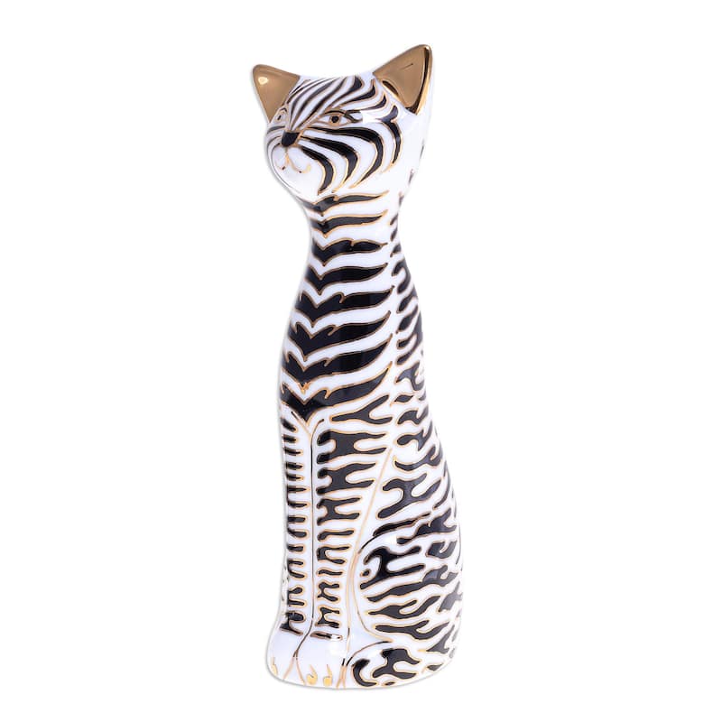 Novica Handmade Zebra Cat Porcelain Statuette