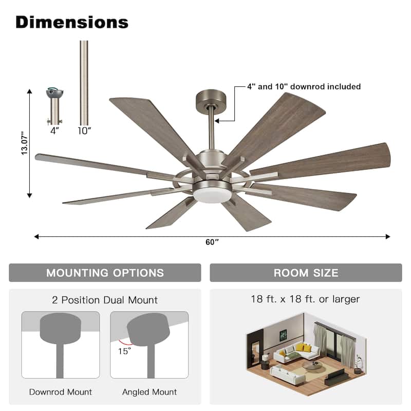 60-in Farmhouse 8-Blade Nickel Windmill LED Ceiling Fan with Light and Remote