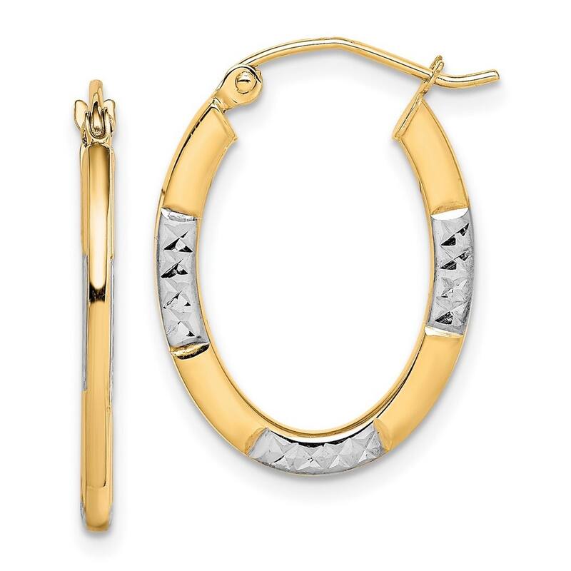 Curata 10k Yellow Gold and Rhodium Sparkle Cut Oval Hoop Earrings 23x1.5mm