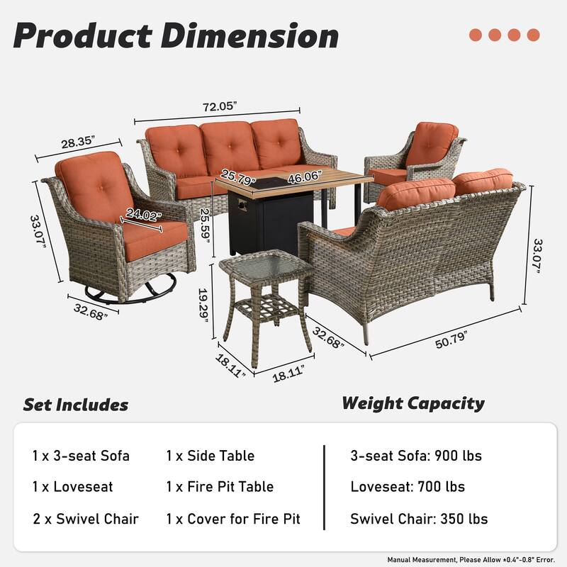 HOOOWOOO 6-piece Wicker Outdoor Conversation Set Swivel Chairs with Fire Pit