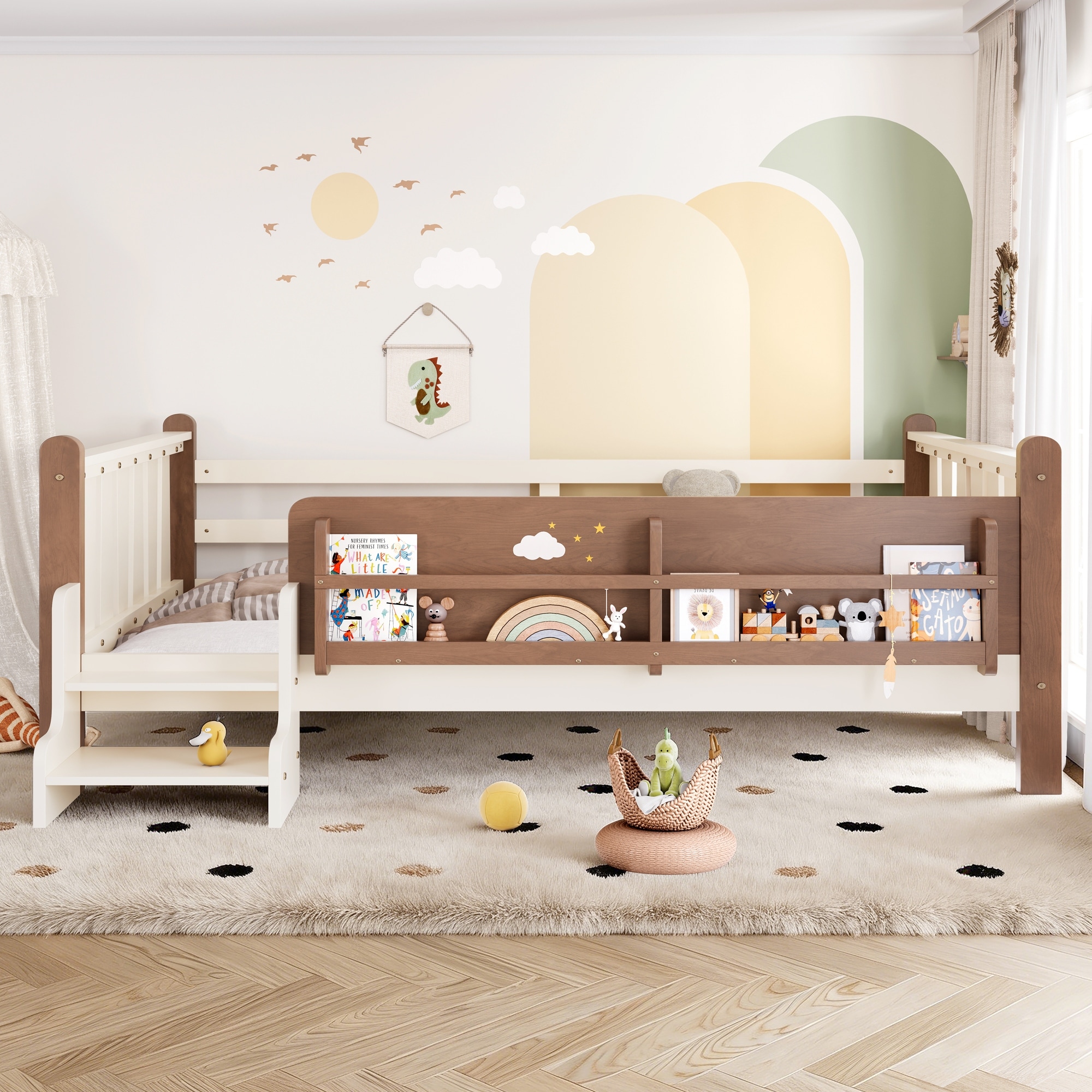 Roomfitters Wood Floor Bed, Storage Bookcase & 2-Step Safety Stairs, Kids Platform Bed with Guardrails