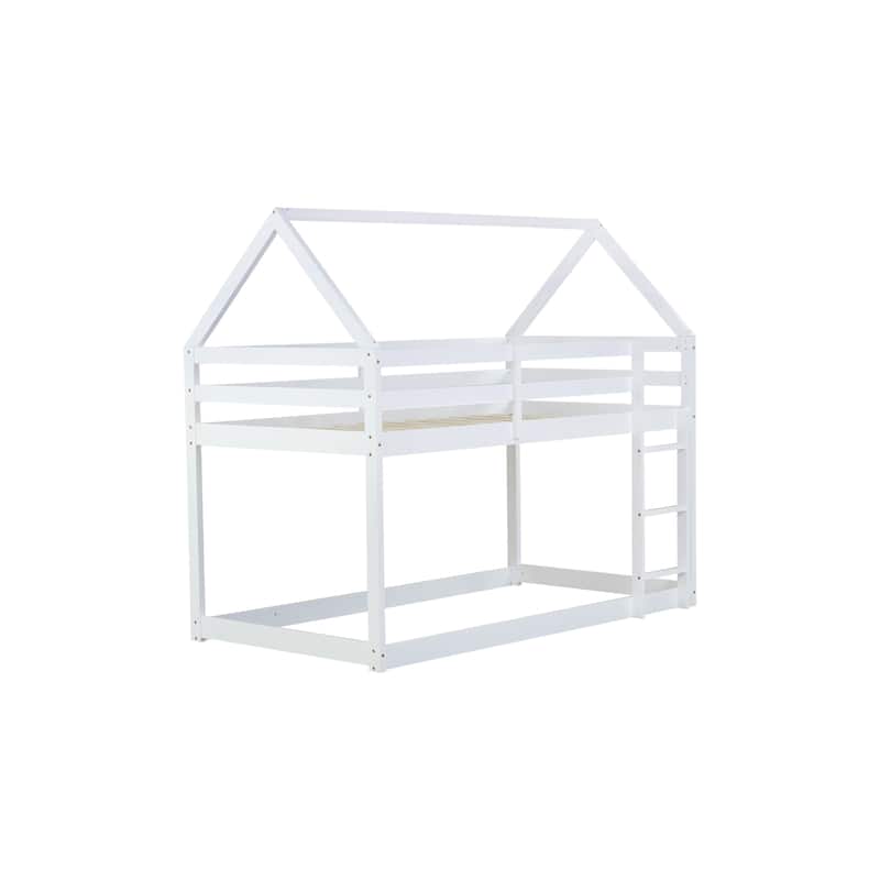 Twin over Twin Rubber Wood Floor Bunk Bed, with ladder,Guardrails,House-Shaped-Bunk Bed