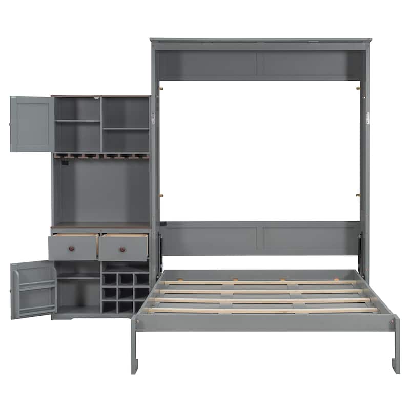 All-in-one Murphy Bed Queen Size Storage Bed Cabinet with Wine Rack, Glass Holder, Drawers, Open Shelves and LED Lights
