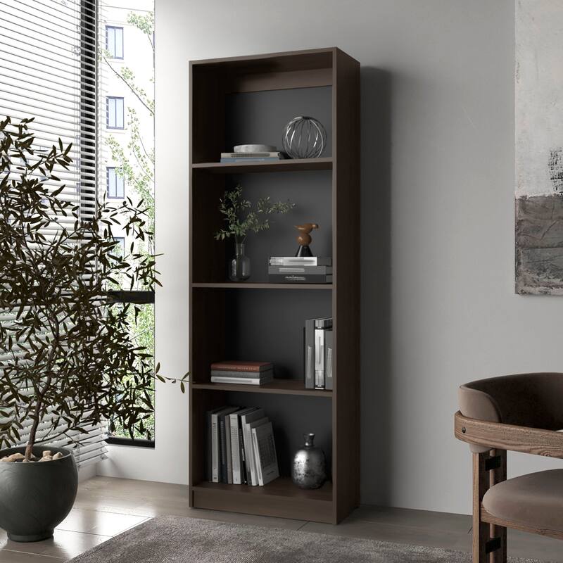 Stained Walnut Flat Bookcase with Open Storage and 4 Shelves - Walnut