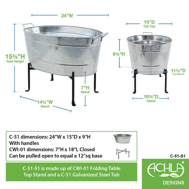 Achla Designs Classic Oval Galvanized Tub With Folding Stand, 24 Inch Wide, Steel - 24"