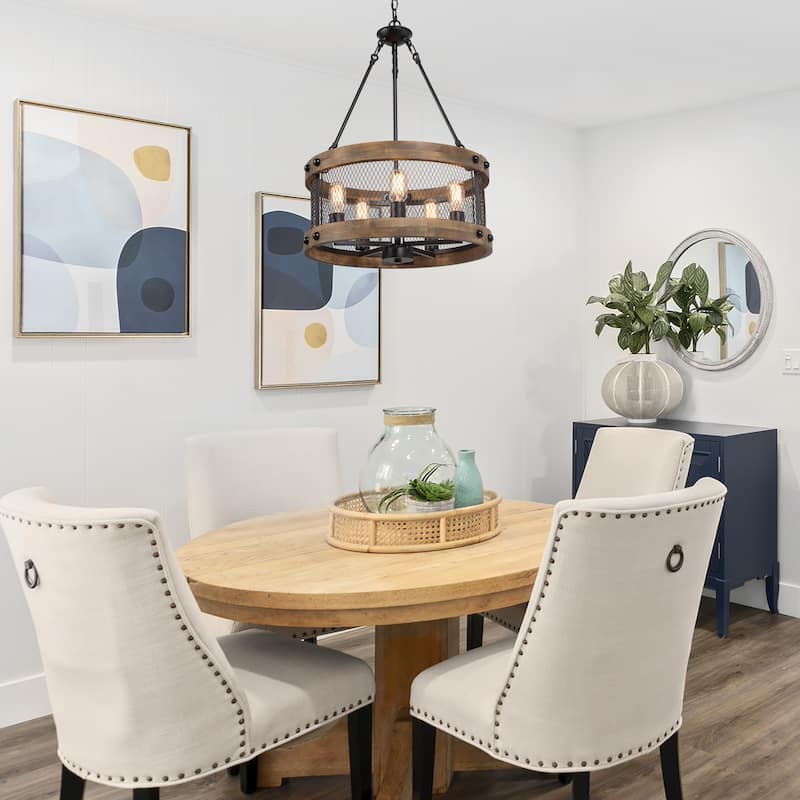 Farmhouse 5-Light Wood Drum Chandelier for Dining Room