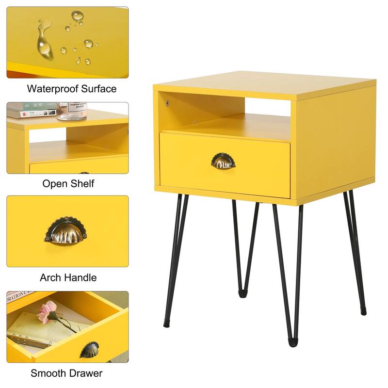 VECELO Mid Century Modern Nightstand with Drawer Open Shelf V-Shaped Metal Legs End Table for Bedroom Living Room