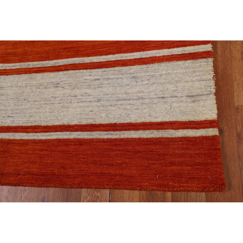 Hand Knotted Oriental 100% Wool Carpet Tribal Stripe Oranges & Rust Gabbeh Runner Rug - 10' 9'' X 2' 6''