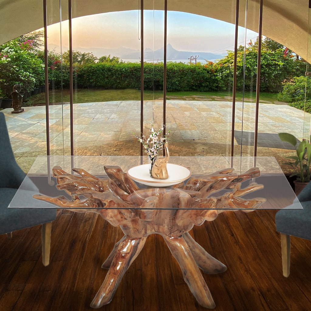 Chic Teak Rustic Teak Wood Root Dining Table Including 87 x 43 Inch Glass Top