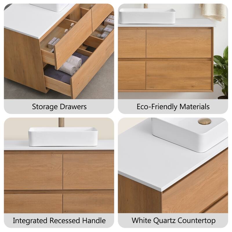 Sylphar 48 inch Toffee Oak Floating Bathroom Vanity with White Quartz Top