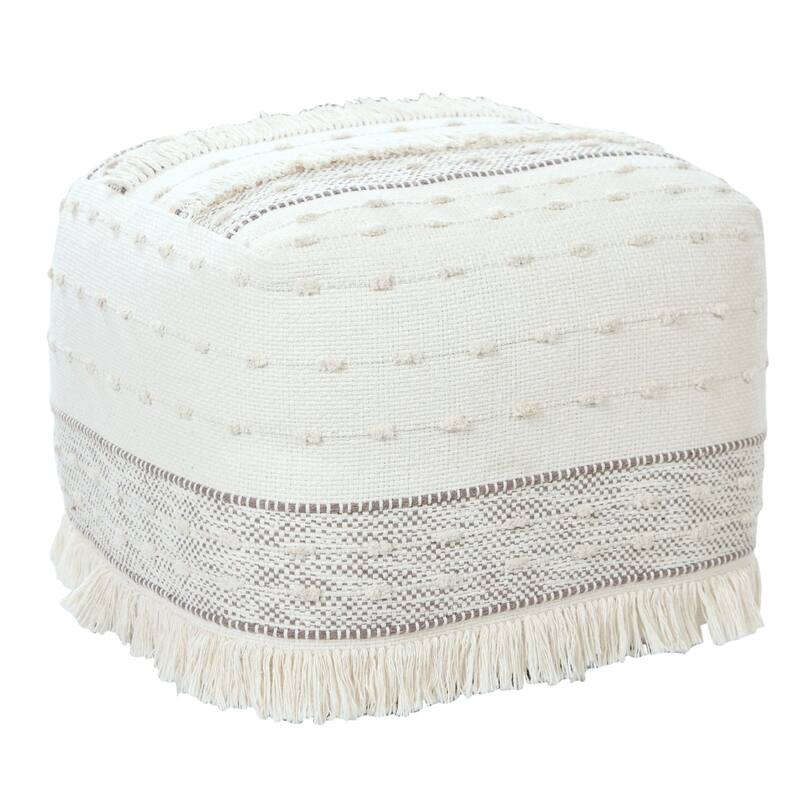 18" Beige and Brown Shag Textured Handcrafted Square Pouf Ottoman