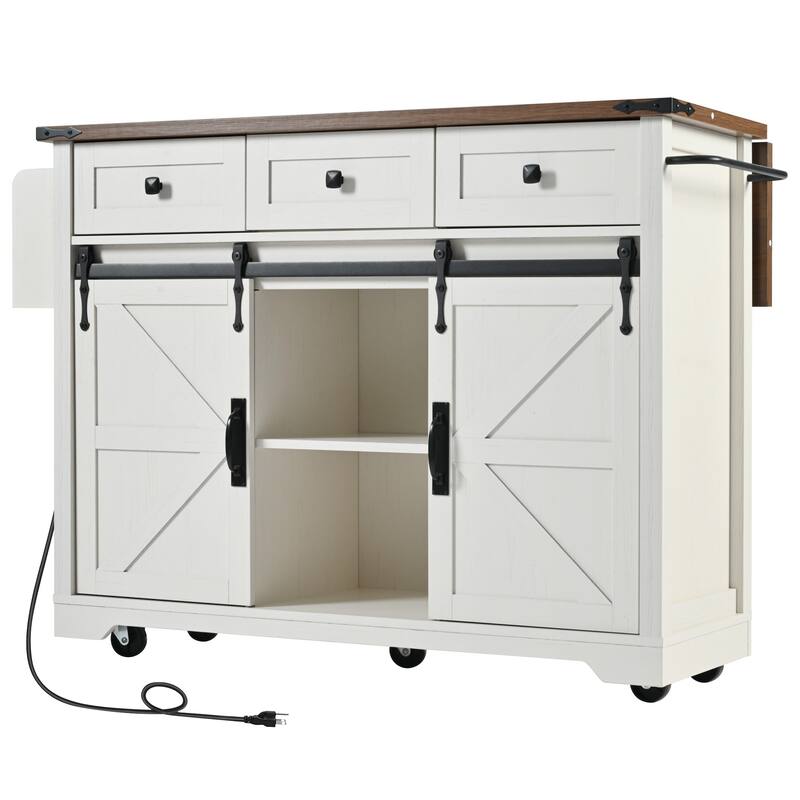 Anmytek 53.7" Farmhouse Rolling Kitchen Island with Power Outlet, Drop Leaf, Sliding Barn Doors, White Storage Cart