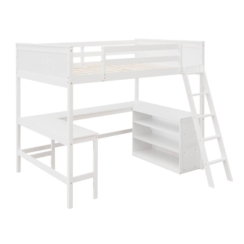 Full Size Wooden Loft Bed with Shelves and Desk in White