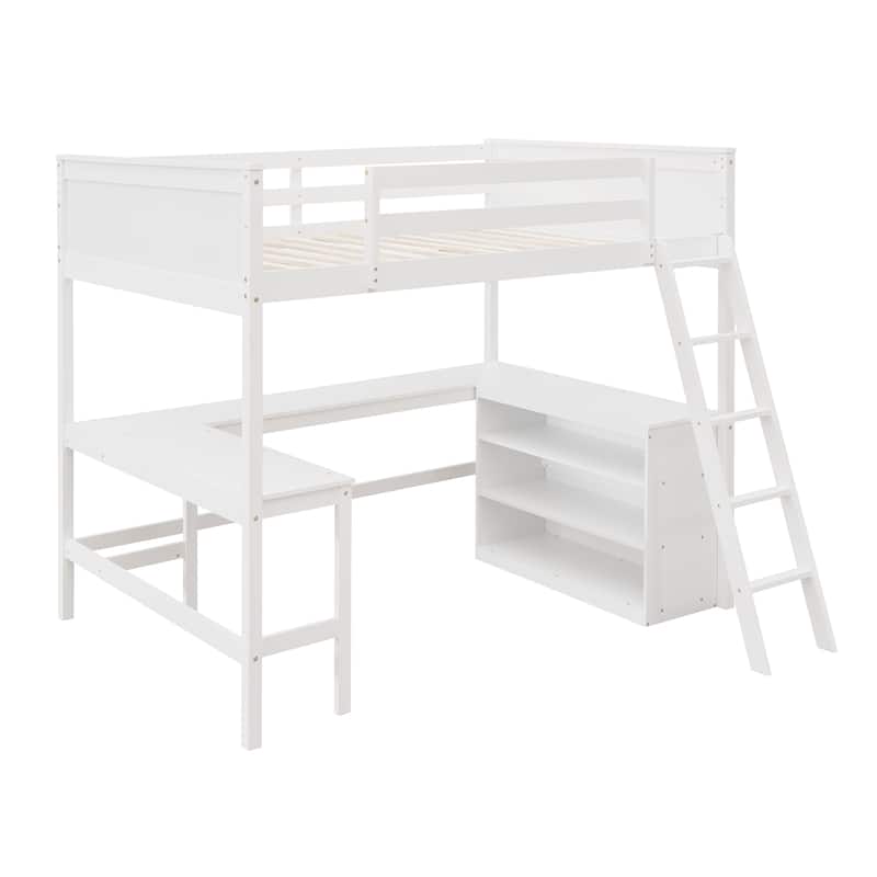 Loft Bed with Shelves and Desk, Wooden Loft Bed with Desk