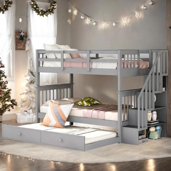 slide 2 of 15, Twin-over-Twin Bunk Bed with Twin size Trundle for Bedroom, Dorm, Adults Grey