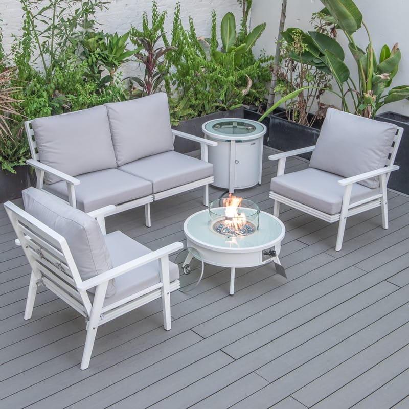 Walbrooke Modern 5-Piece Outdoor Aluminum Outdoor Conversation Set with Polyester Cushions, Fire Pit Table and Ctystal Stones