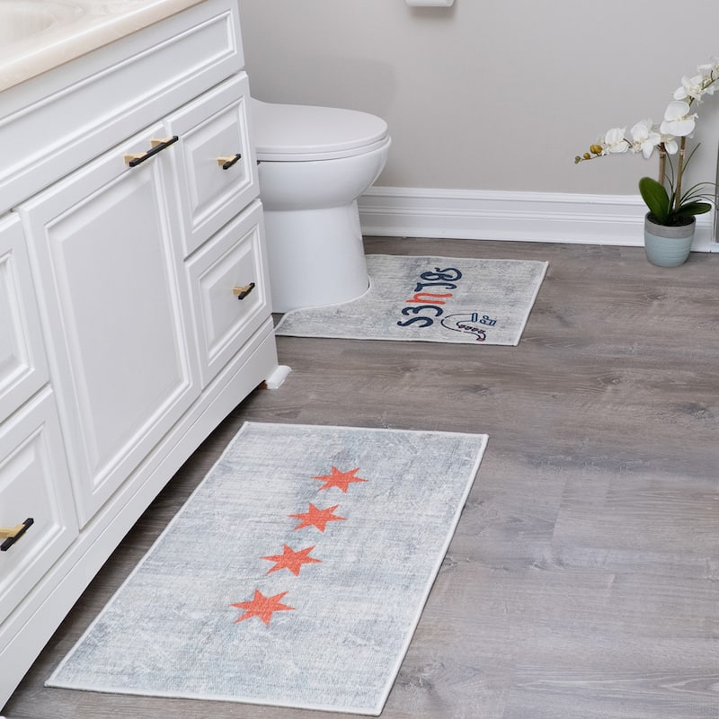 Toilet Mat Set - 2-Piece Designer Print Bathroom Contour Rugs Combo - Non Slip, Soft Cotton & Absorbent Floor Carpets - Chicago
