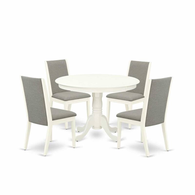 HomeStock 5-Piece Round Linen White Finish Solid Wood Top Dining Table with 4 Parson Chair with Lattice Back