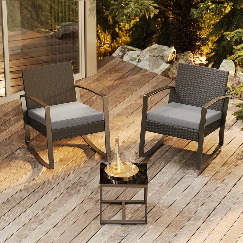 3 Pieces Wicker Patio Set Outdoor Rocking Bistro Patio Outdoor Furniture Rattan Sets with Cushion, Chair Set with Glass Table - Grey
