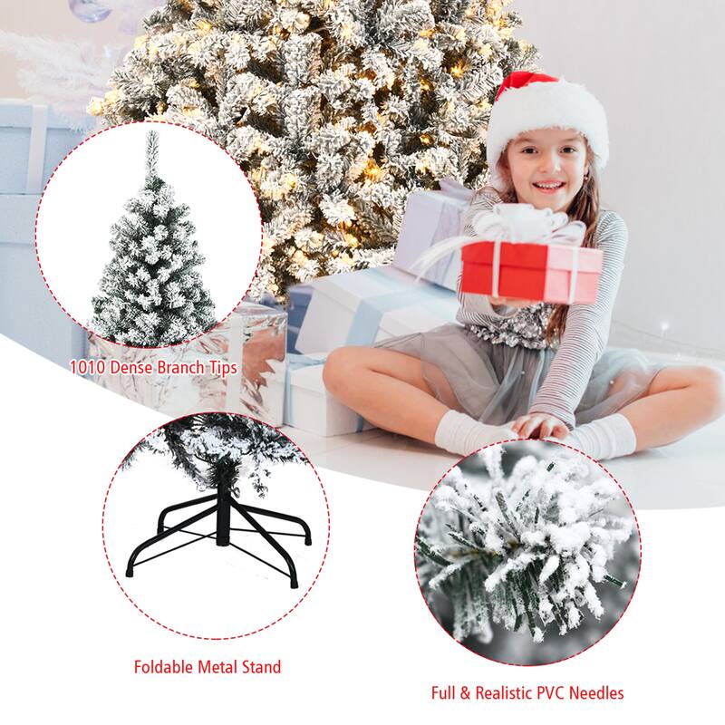 Gymax 6/7.5/9 FT Pre-Lit Christmas Tree Snow Flocked Hinged Pine Tree
