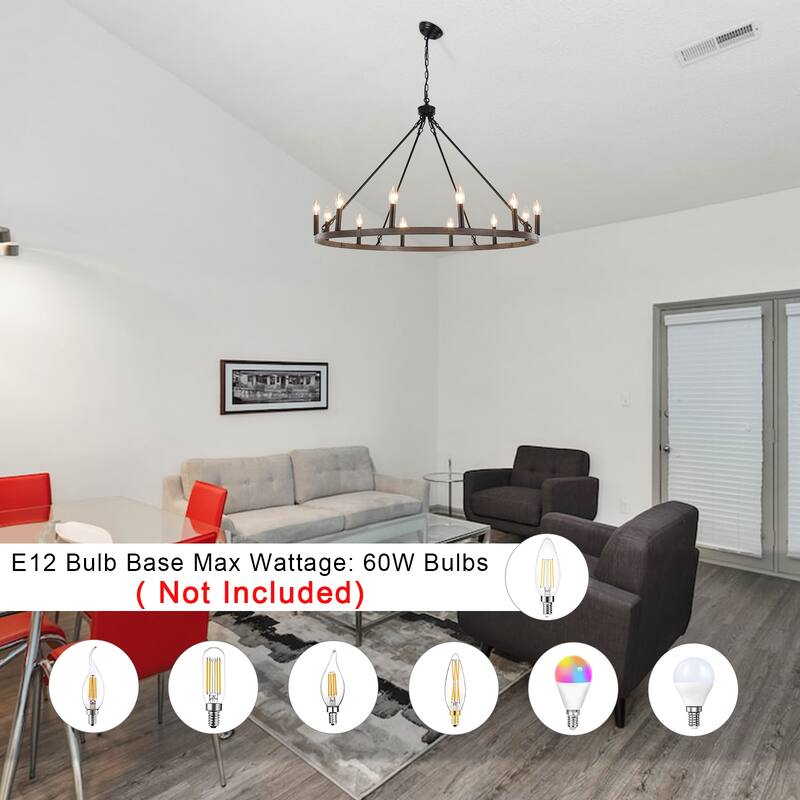 12-Light 37.99 in. Rustic Wagon Wheel Chandelier for Bedroom Kitchen