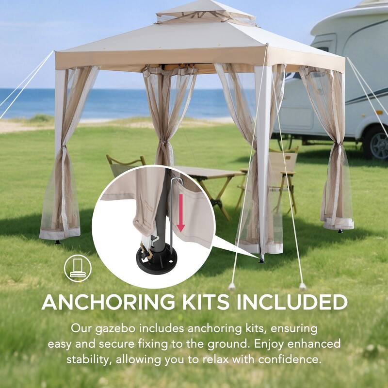 Sunjoy 8 x 8 Outdoor Patio Gazebo Outdoor Backyard Modern 2 Tier Steel Frame Soft Top Gazebo with Mesh Netting Grey Khaki
