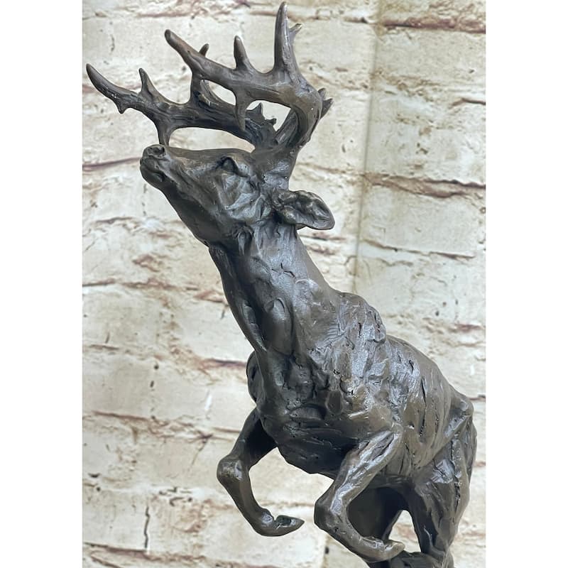 Elk Deer Caribou Stag Buck Jumping Bronze Statue Sculpture On Marble Base