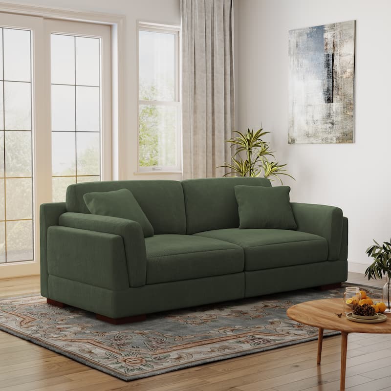 90.2"W Corduroy Upholstered Living Room Sofa - Green-2Pillows