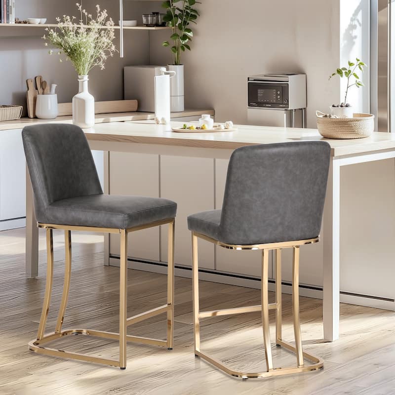 Bar Stool PU Leather Upholstered Dining Chair Middle Back Kitchen Stool Modern with Gold Polished Frame