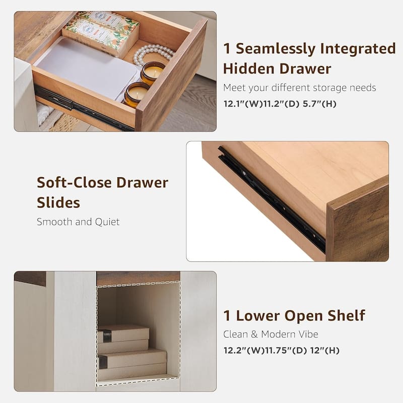 Modern Nightstand with Charging Station, End Table w/Hidden Drawers