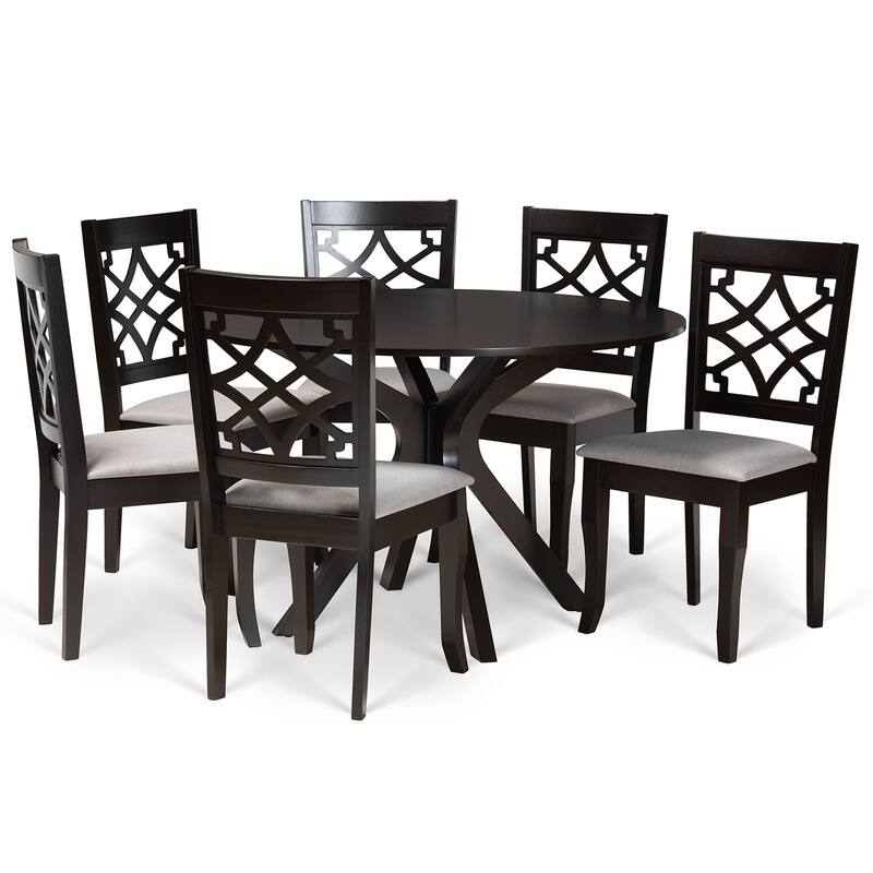 Modern 7-Piece Dining Set - Grey Fabric Chairs & Dark Wood Table