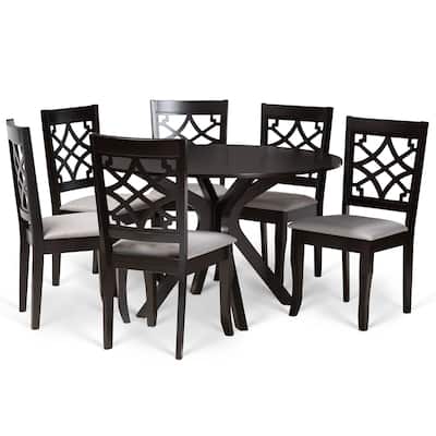Modern 7-Piece Dining Set - Grey Fabric Chairs & Dark Wood Table