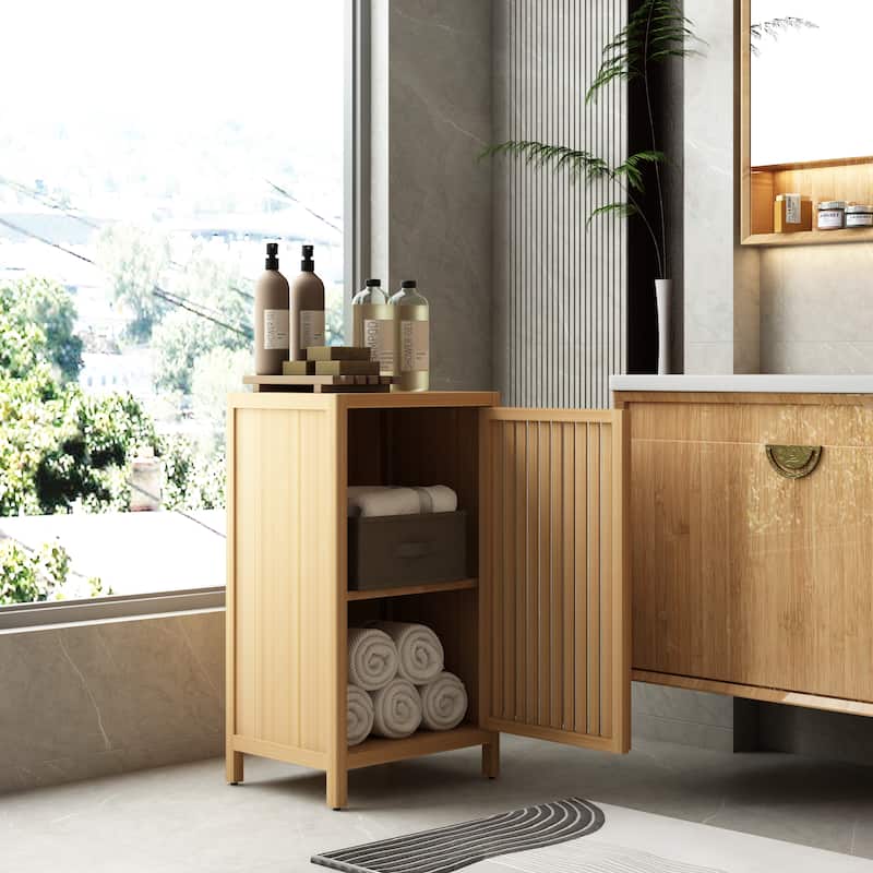 Bathroom Bamboo Storage Cabinet, Side Storage Organizer Cabinet, Freestanding Floor Cabinet with Door and Shelf - Natural,Natural Wood
