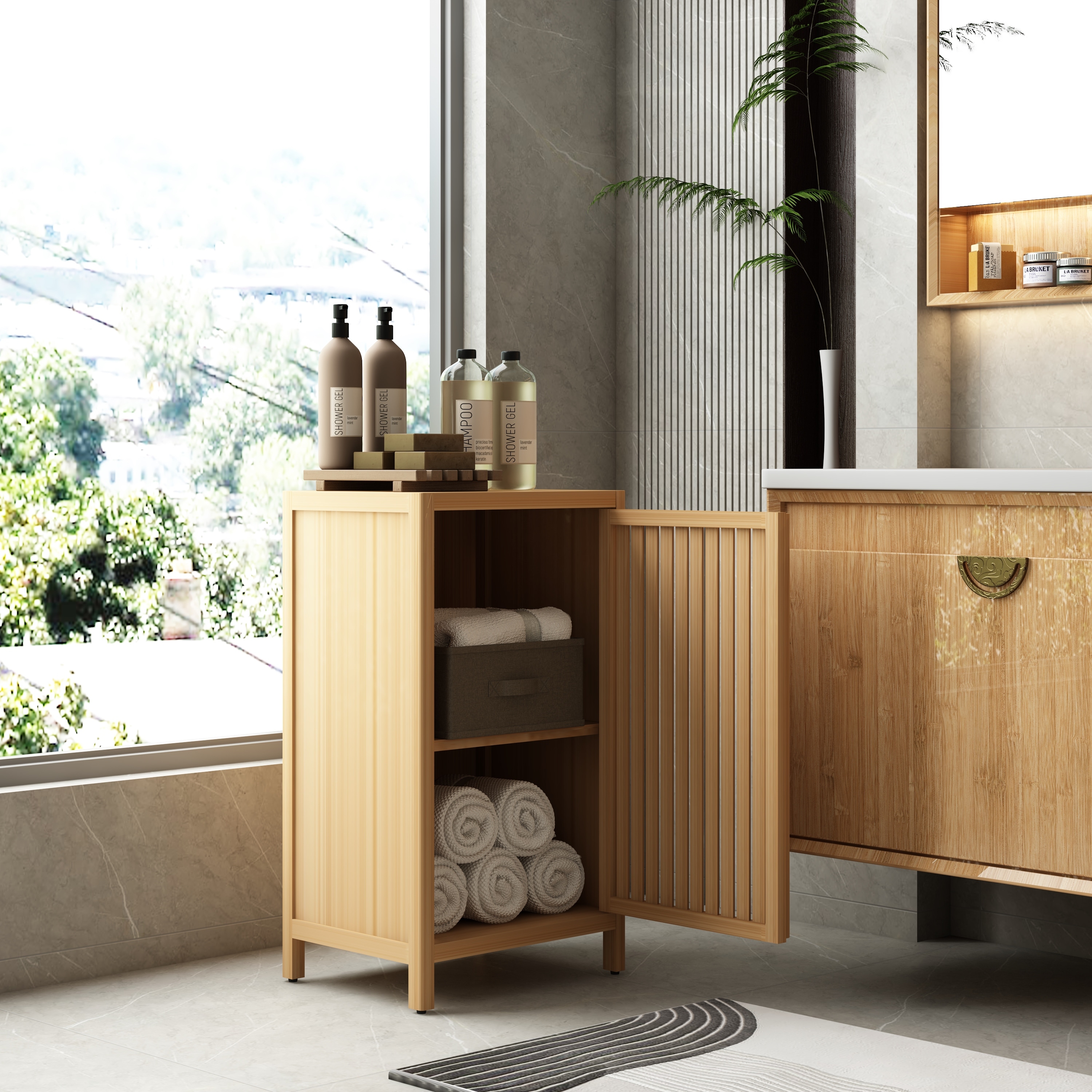 Bathroom Bamboo Storage Cabinet, Side Storage Organizer Cabinet, Freestanding Floor Cabinet with Door and Shelf